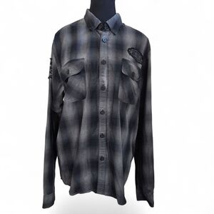Motogear Men's Charcoal Plaid Button-Down Shirt Size Med